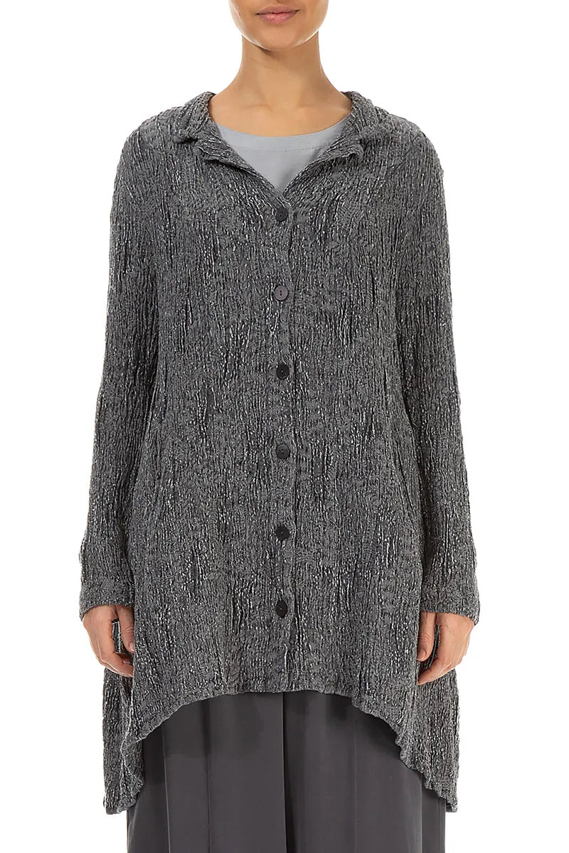 Veste longue en lin et soie texturé argentée à dos nu