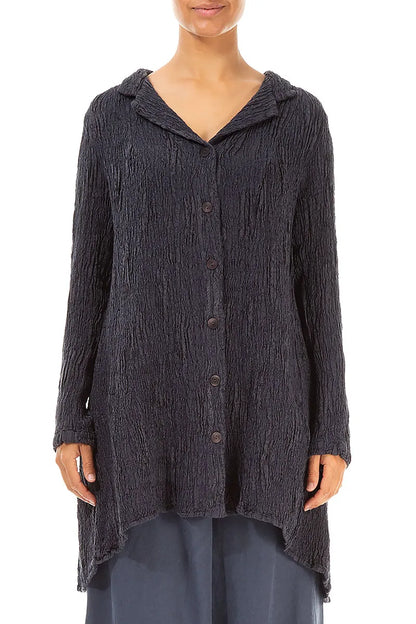 Veste longue en lin et soie texturé bleu ardoise