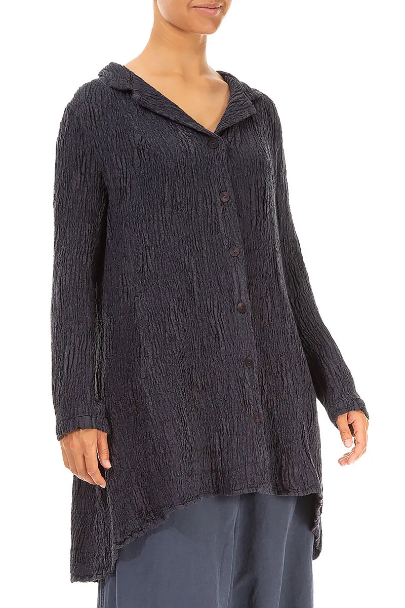 Veste longue en lin et soie texturé bleu ardoise