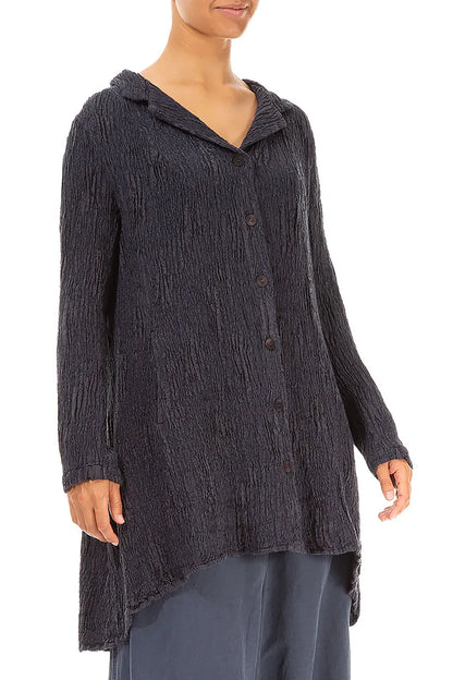 Veste longue en lin et soie texturé bleu ardoise