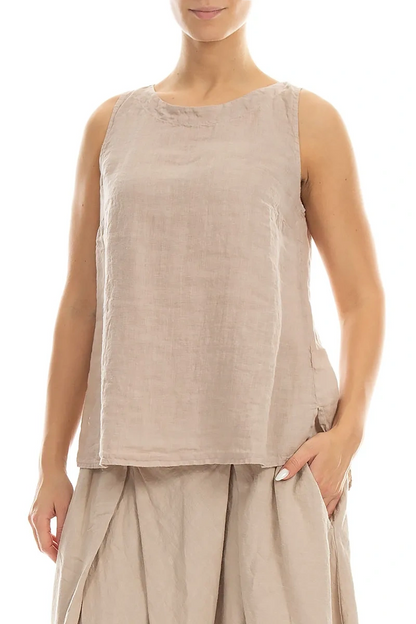 Haut sans manches en lin beige, coupe plus longue au dos