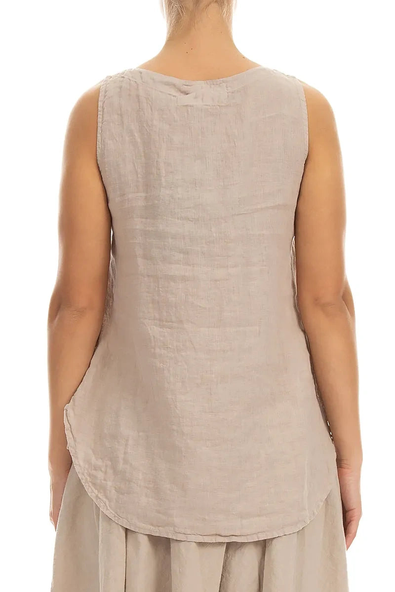 Haut sans manches en lin beige, coupe plus longue au dos
