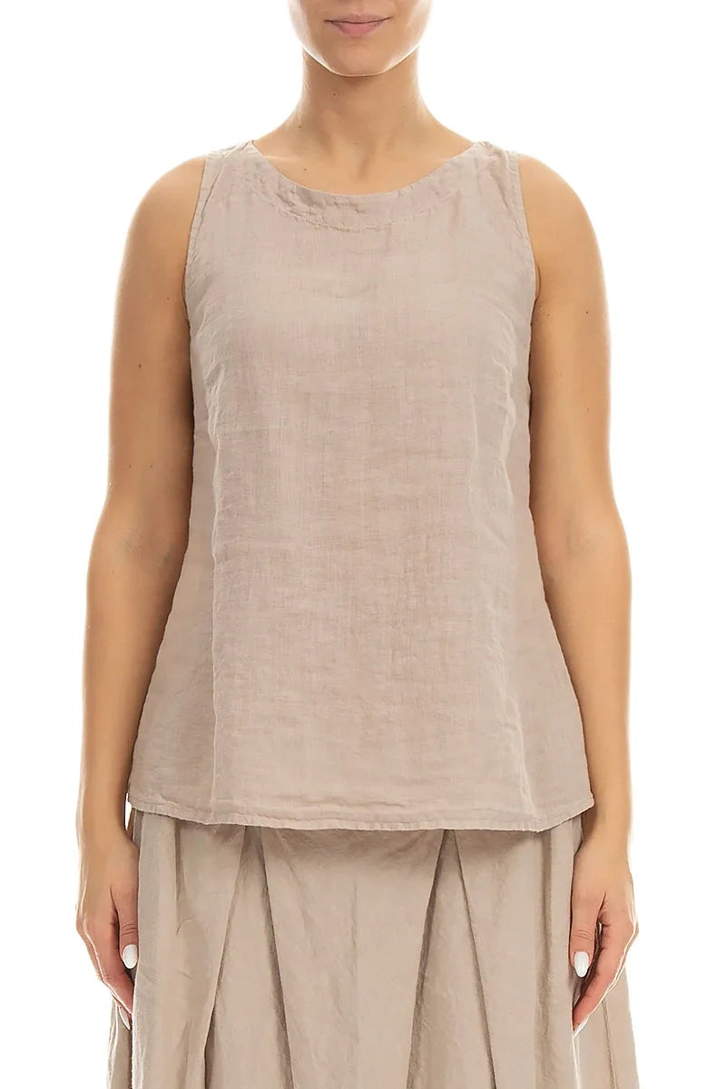 Longer Back Sleeveless Beige Linen Top 1