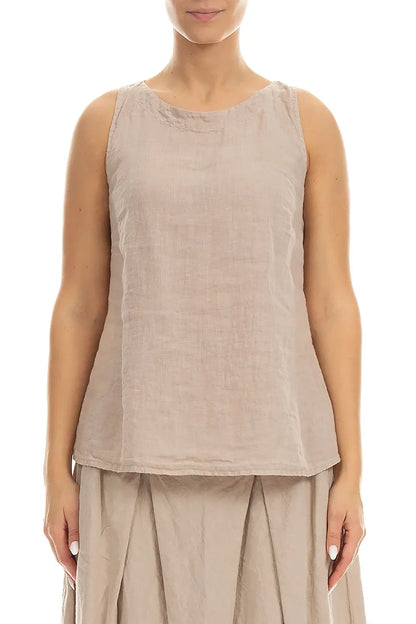 Haut sans manches en lin beige, coupe plus longue au dos