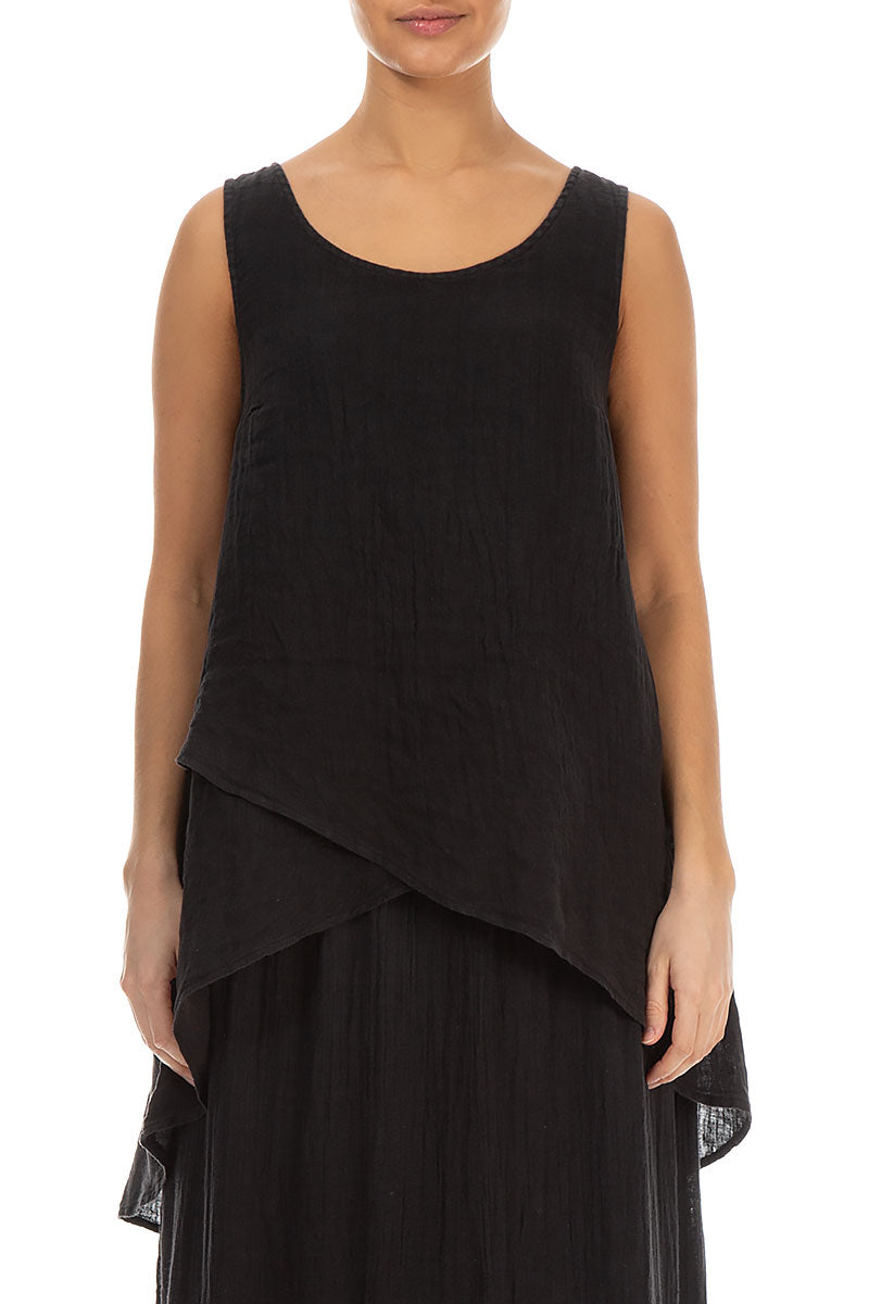 Longer Back Sleeveless Black Gauze Linen Blouse 1