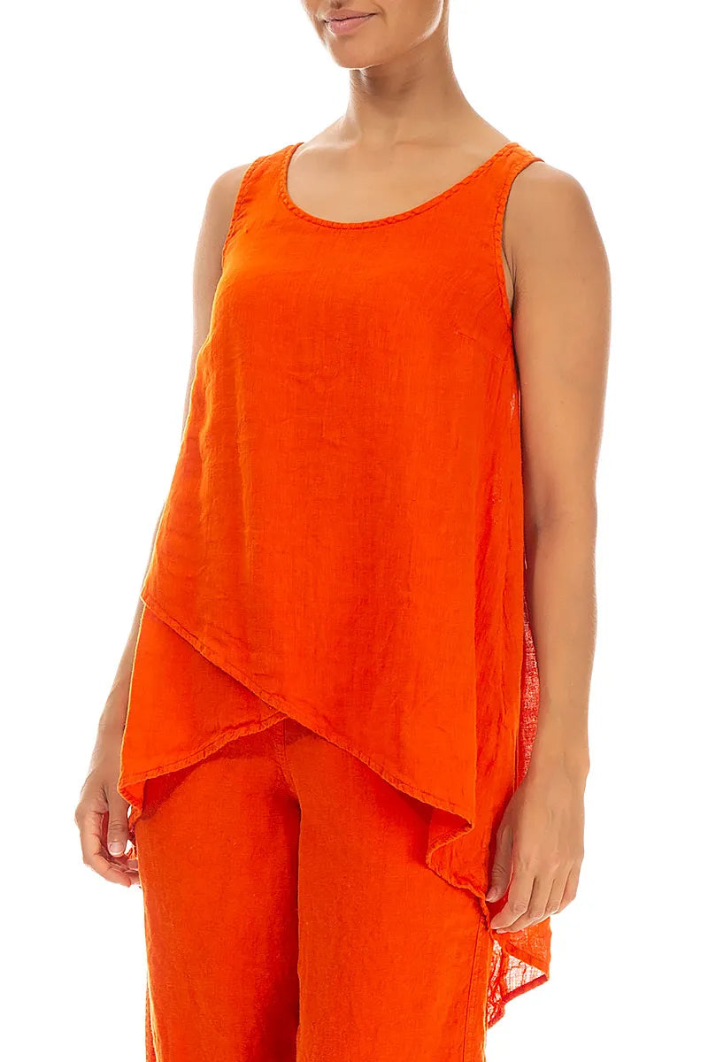 Longer Back Sleeveless Flame Orange Gauze Linen Blouse 3