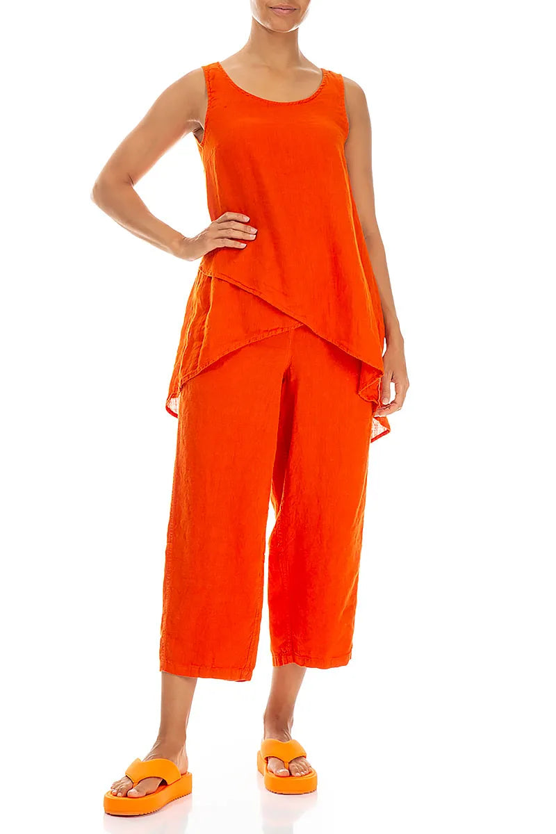 Longer Back Sleeveless Flame Orange Gauze Linen Blouse 4