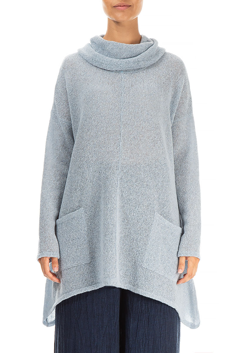 Longer Back Turtleneck Silver Blue Wool Sweater