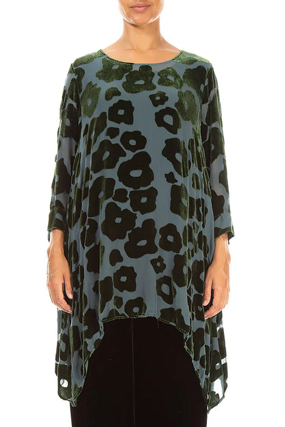 Longer Edge Shamrock Green Devoré Blooms Silk Velvet Tunic