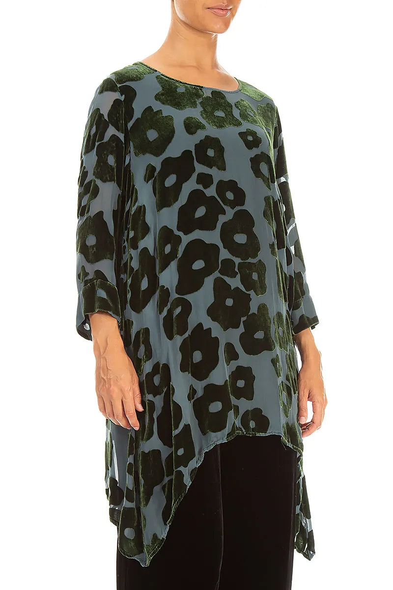 Longer Edge Shamrock Green Devoré Blooms Silk Velvet Tunic 3