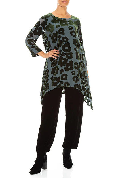 Longer Edge Shamrock Green Devoré Blooms Silk Velvet Tunic