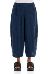 Loose Back Pockets Navy Linen Trousers 1