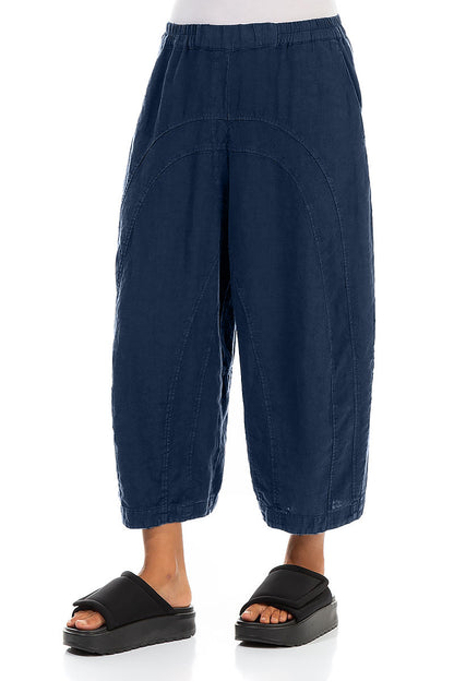 Loose Back Pockets Navy Linen Trousers 3