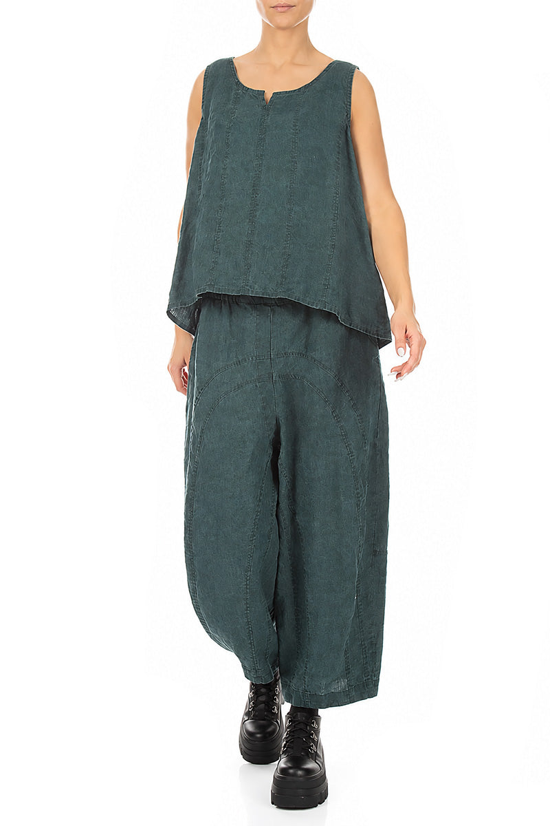 Loose Back Pockets Teal Linen Trousers 4