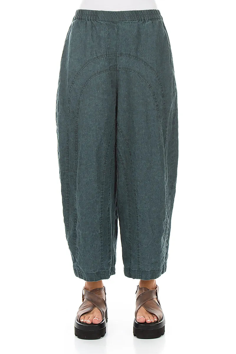 Loose Back Pockets Teal Linen Trousers
