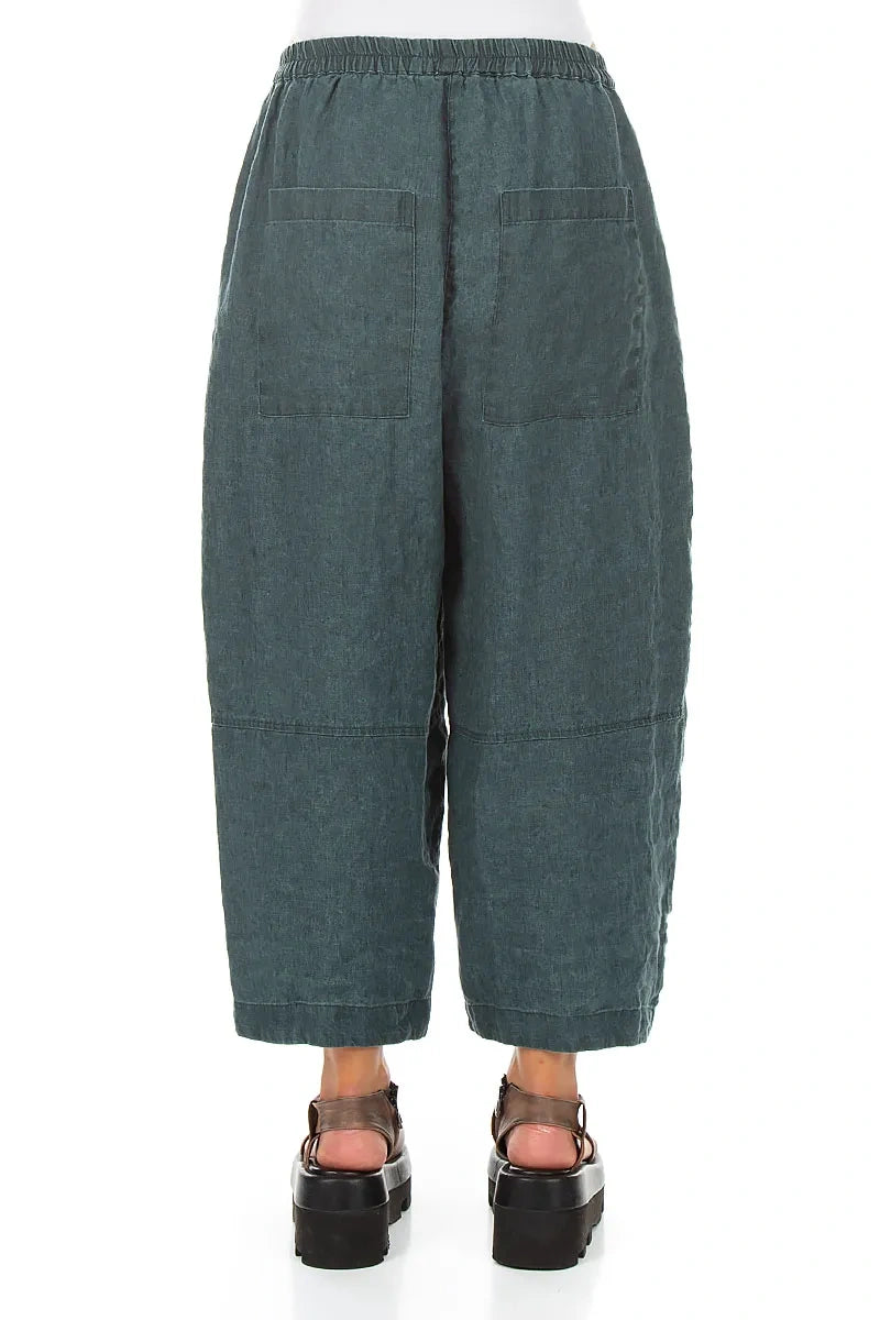 Loose Back Pockets Teal Linen Trousers