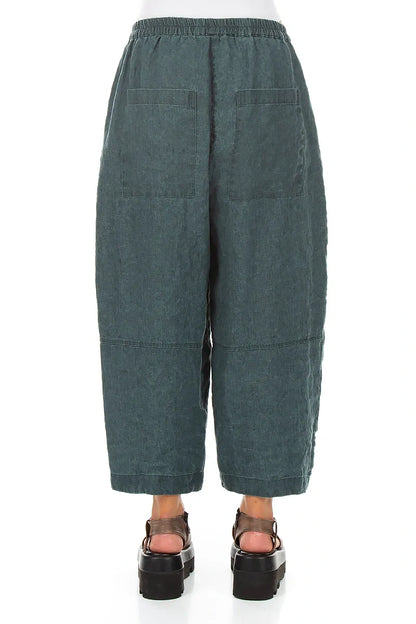Loose Back Pockets Teal Linen Trousers