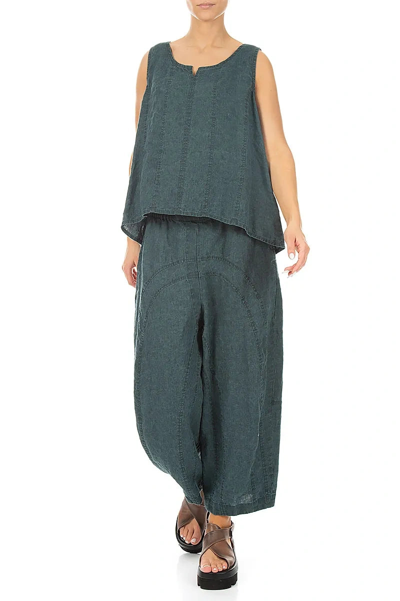 Loose Back Pockets Teal Linen Trousers