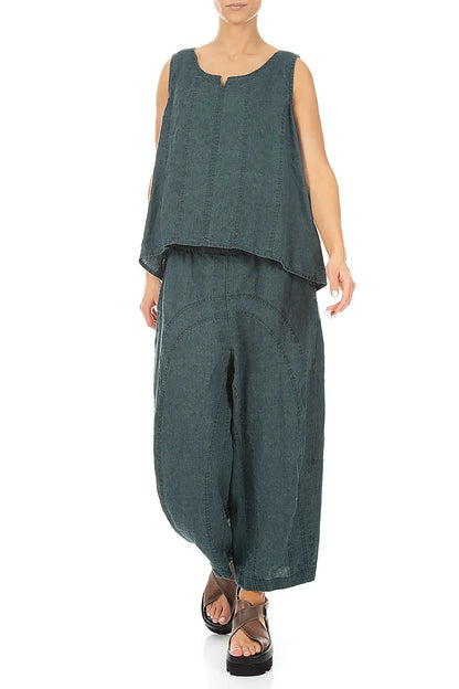 Loose Back Pockets Teal Linen Trousers