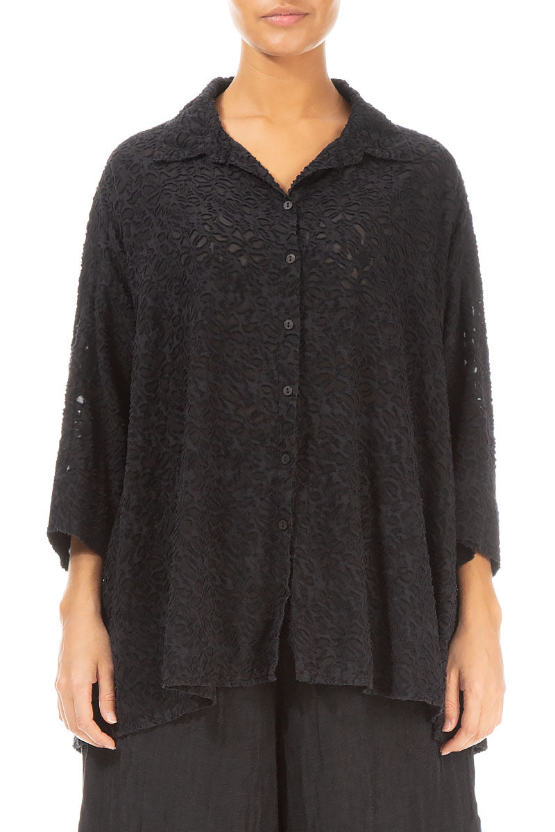 Loose Black Floral Texture Silk Shirt 1