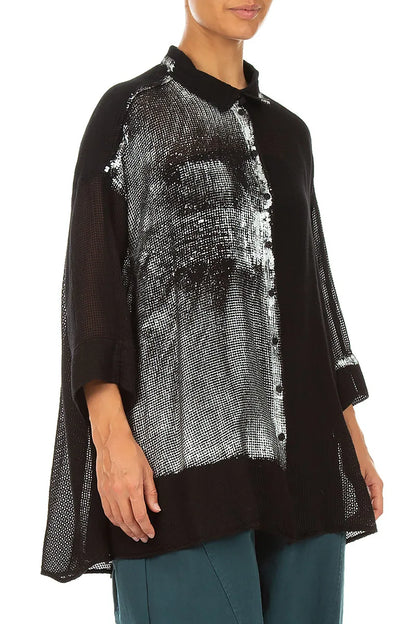 Loose Black Silver Metallic Mesh Silk Shirt 4
