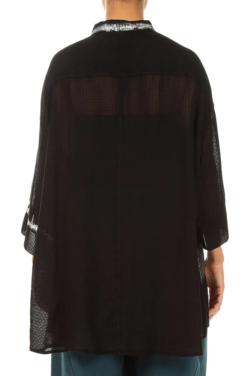 Loose Black Silver Metallic Mesh Silk Shirt 3
