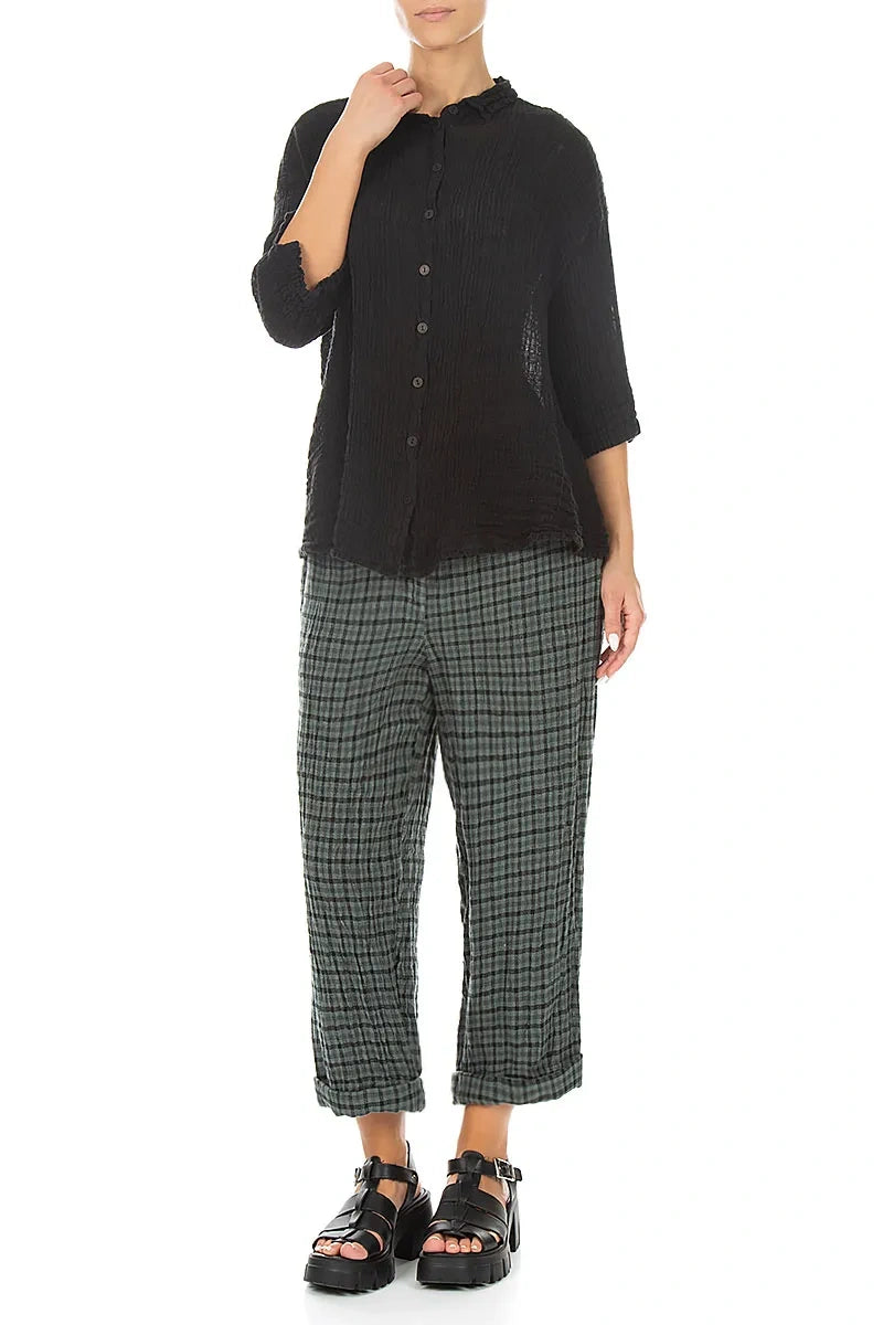 Loose Black Textured Gauze Linen Shirt 4