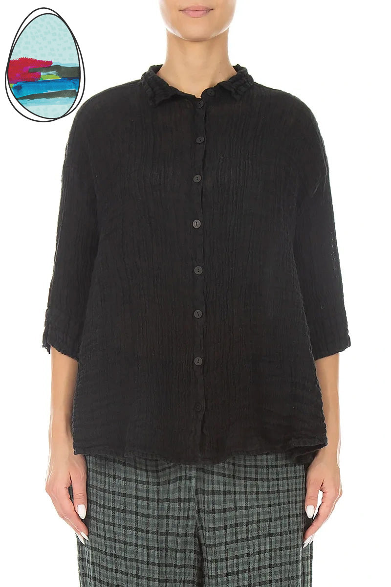 Loose Black Textured Gauze Linen Shirt