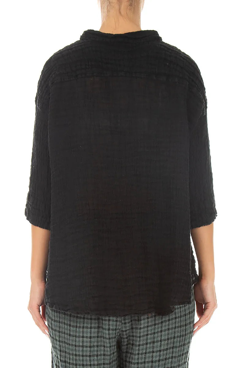 Loose Black Textured Gauze Linen Shirt 2