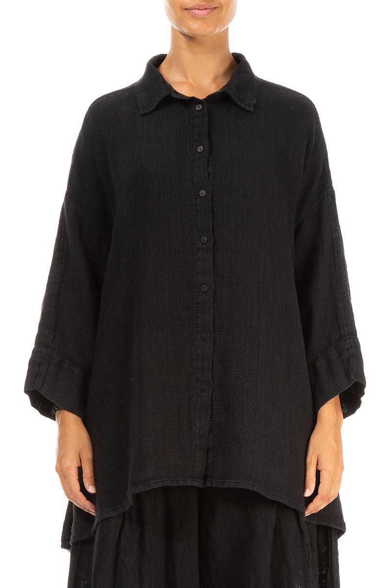 Loose Black Textured Linen Shirt 1