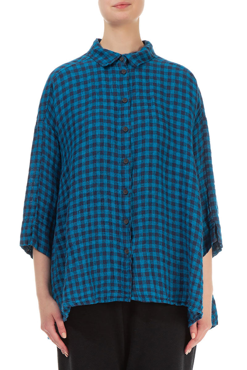 Loose Blue Check Linen Shirt 2