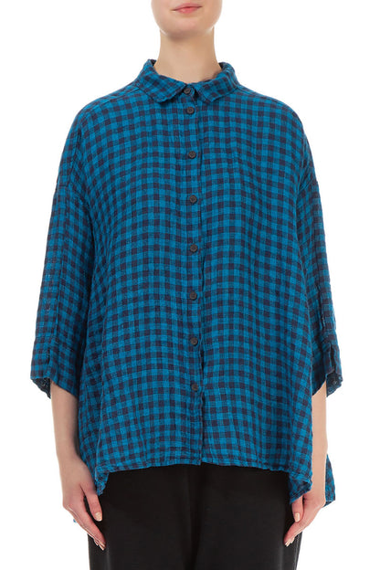 Loose Blue Check Linen Shirt 2