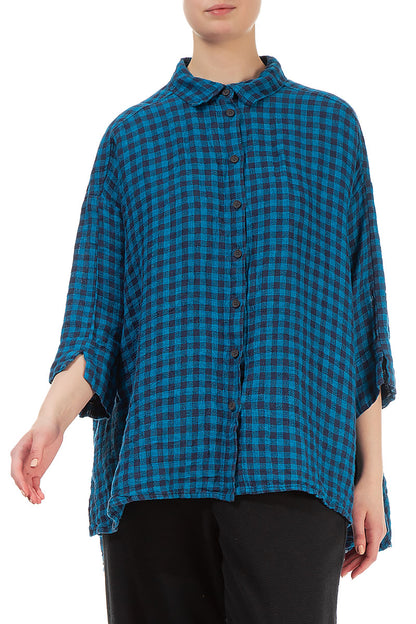 Loose Blue Check Linen Shirt 4