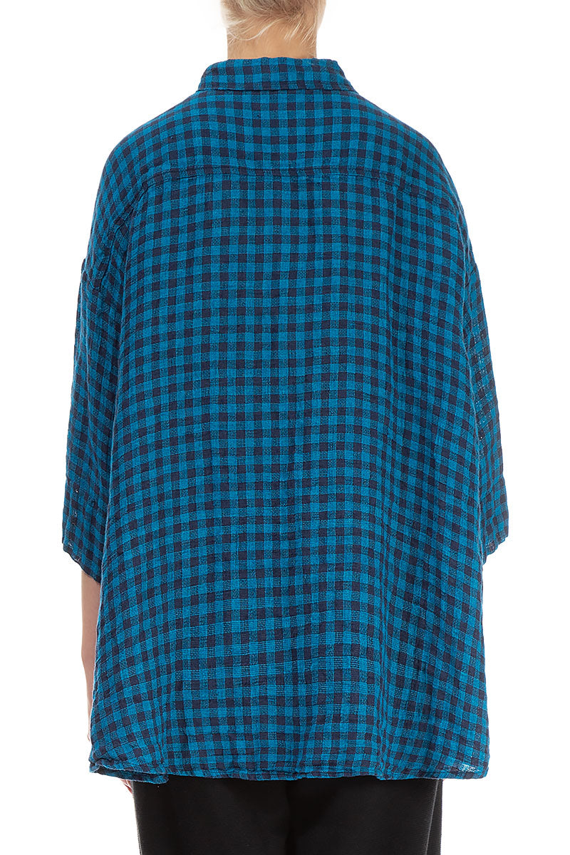 Loose Blue Check Linen Shirt 3