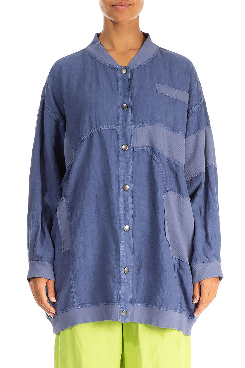 Loose Blue Off-Dye Linen Bomber Jacket 1