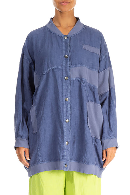 Loose Blue Off-Dye Linen Bomber Jacket 1
