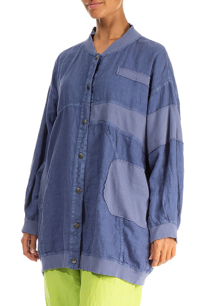 Loose Blue Off-Dye Linen Bomber Jacket 3