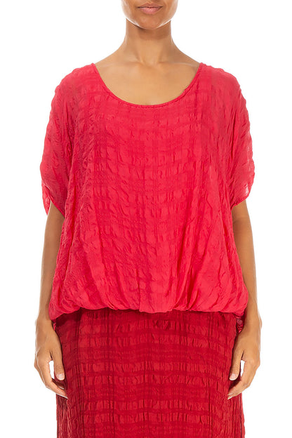 Loose Boxy Bright Red Textured Silk Blouse 1