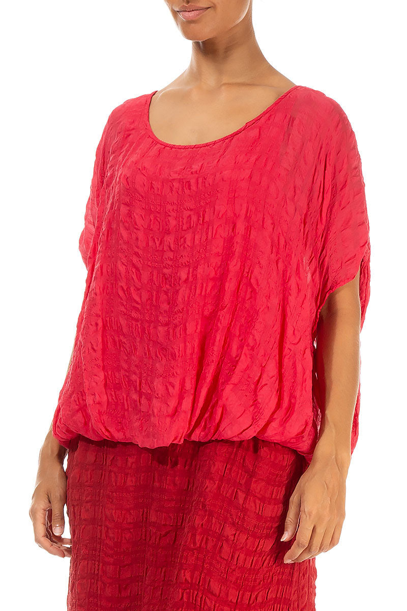 Loose Boxy Bright Red Textured Silk Blouse 3