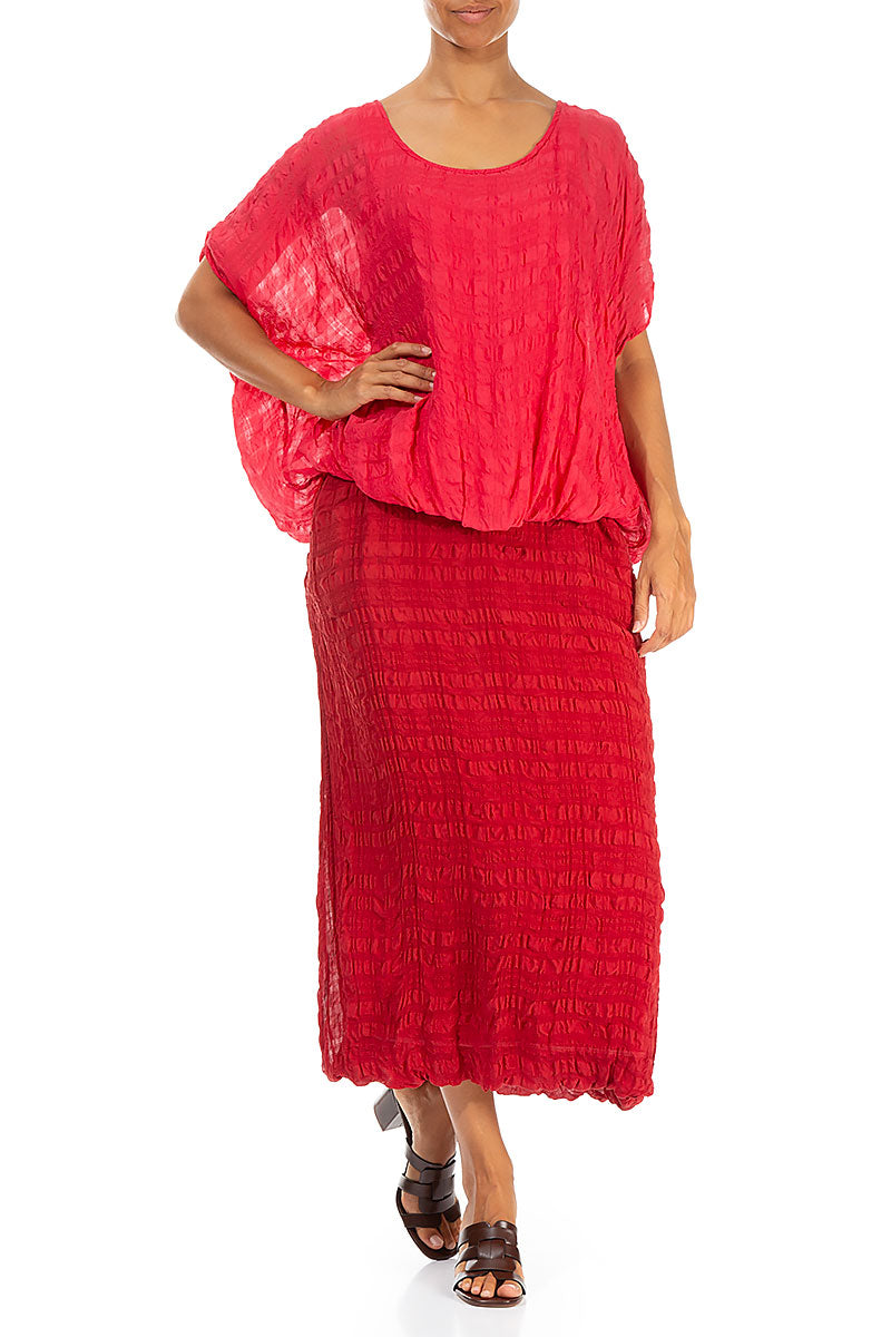 Loose Boxy Bright Red Textured Silk Blouse 4