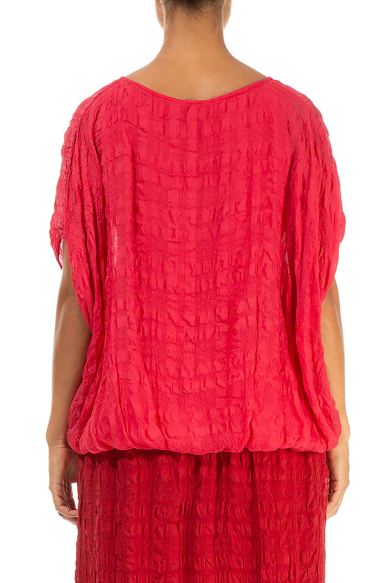 Loose Boxy Bright Red Textured Silk Blouse 2