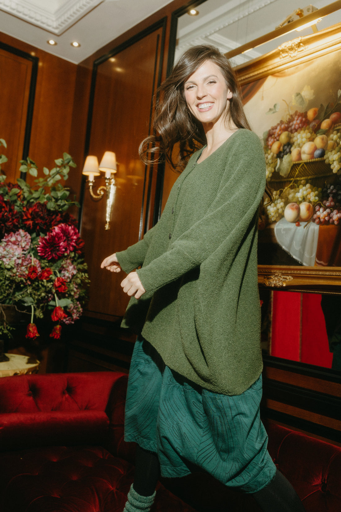 Cardigan ample en laine sauge foncée