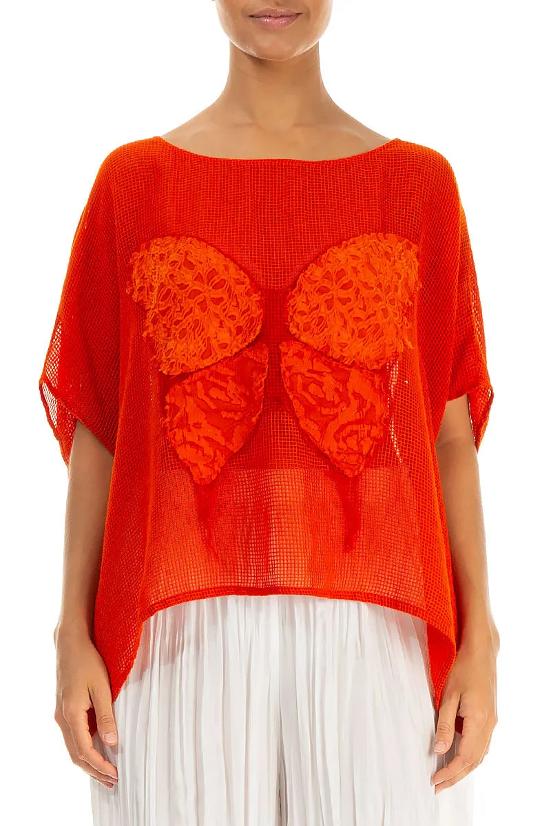Chemisier ample en soie filet orange flamboyant papillon