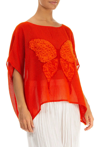 Chemisier ample en soie filet orange flamboyant papillon