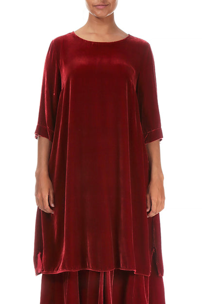 Loose Cherry Red Silk Velvet Tunic