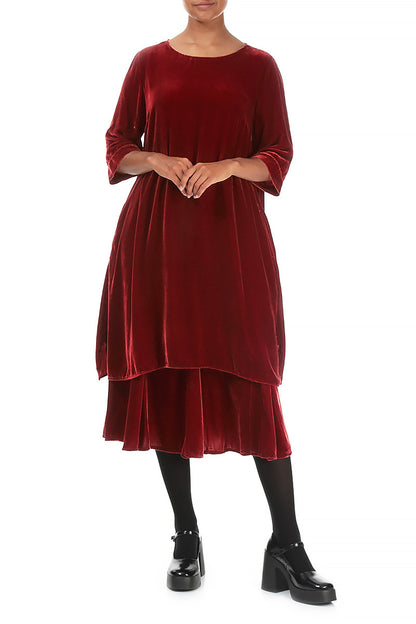 Loose Cherry Red Silk Velvet Tunic