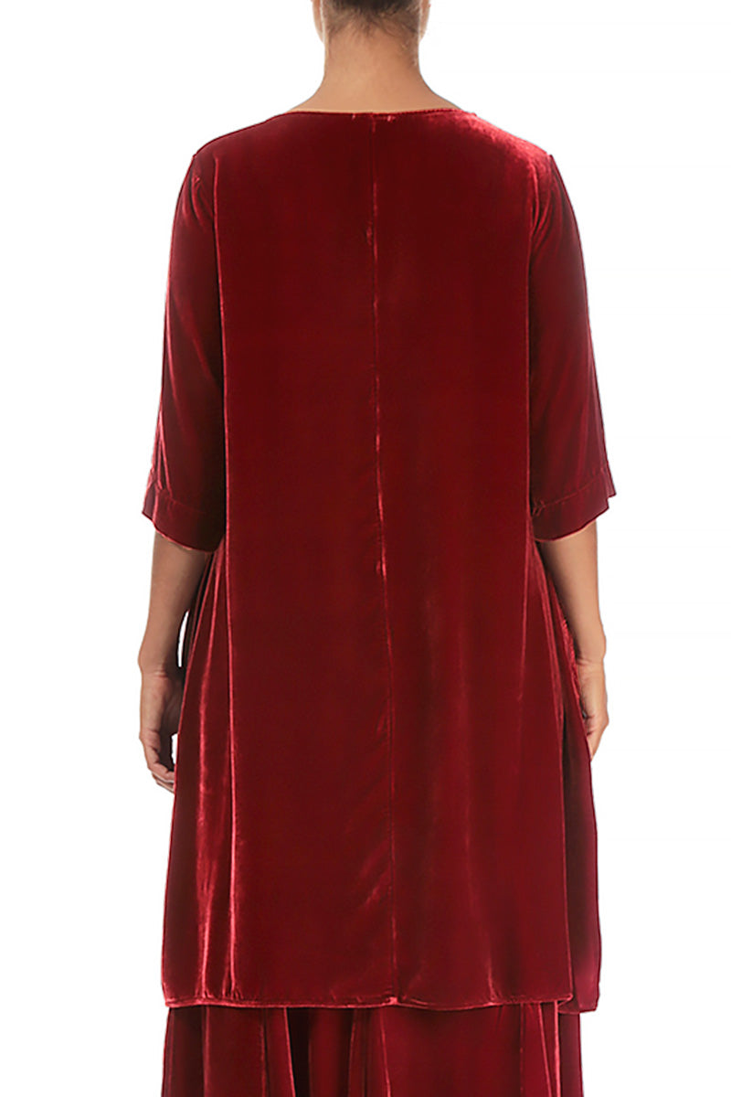 Loose Cherry Red Silk Velvet Tunic