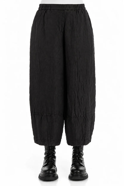 Loose Crinkled Black Silk Linen Trousers 1
