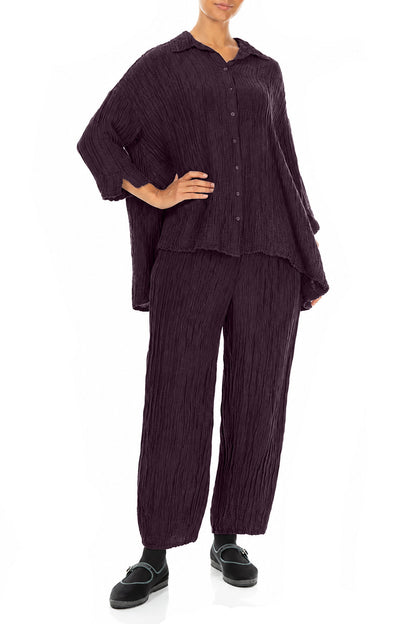 Loose Crinkled Deep Plum Silk Linen Shirt
