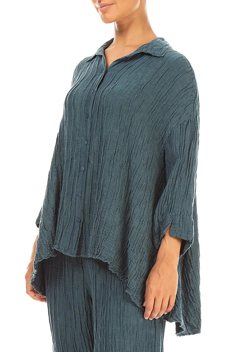 Loose Crinkled Deep Turquoise Silk Linen Shirt 3